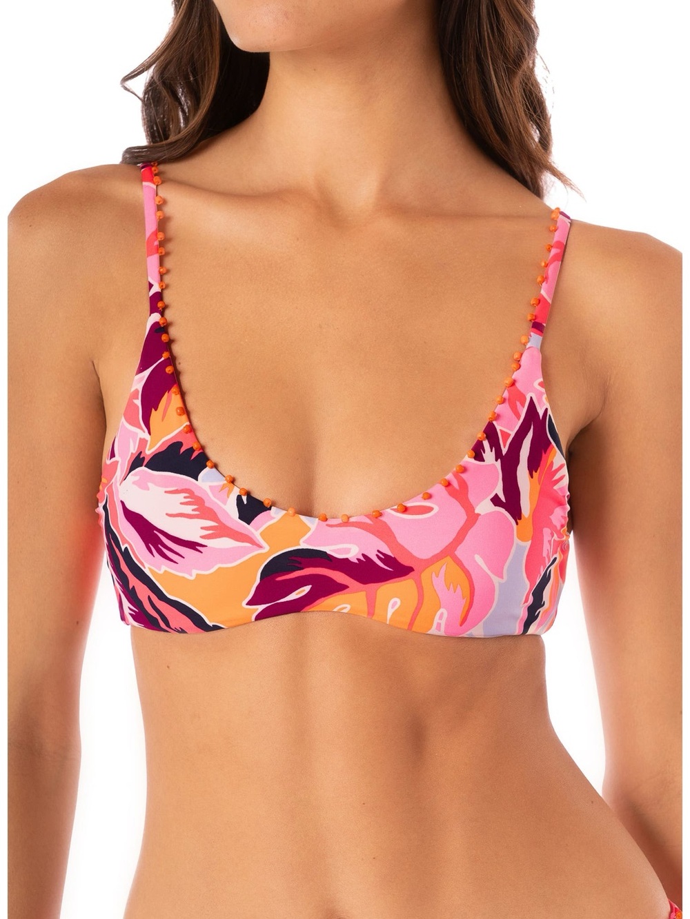 Maaji Pink Floral Bikini Top with Orange and Black Accents REVERSIBLE
